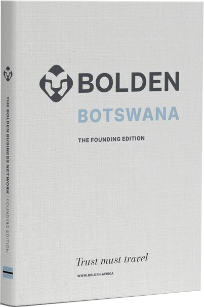 The Bolden Botswana Founding Edition — a white linen hardcover carrying the Bolden logo, BOTSWANA, and the line Trust must travel.